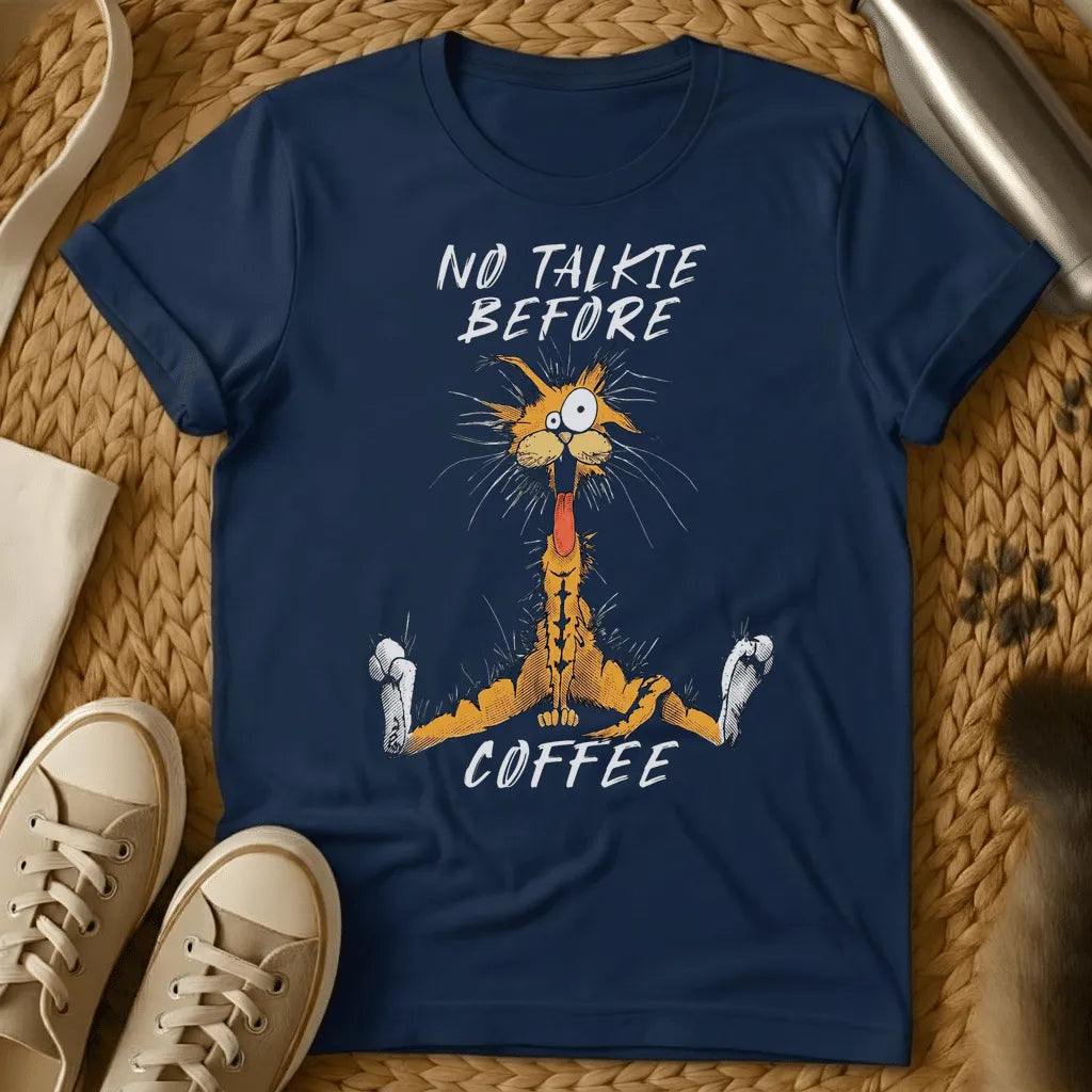 Navy - Dark grey t-shirt with a wild-eyed frantic orange cartoon cat mouth open fur standing on end text reads No Talkie Before Coffee