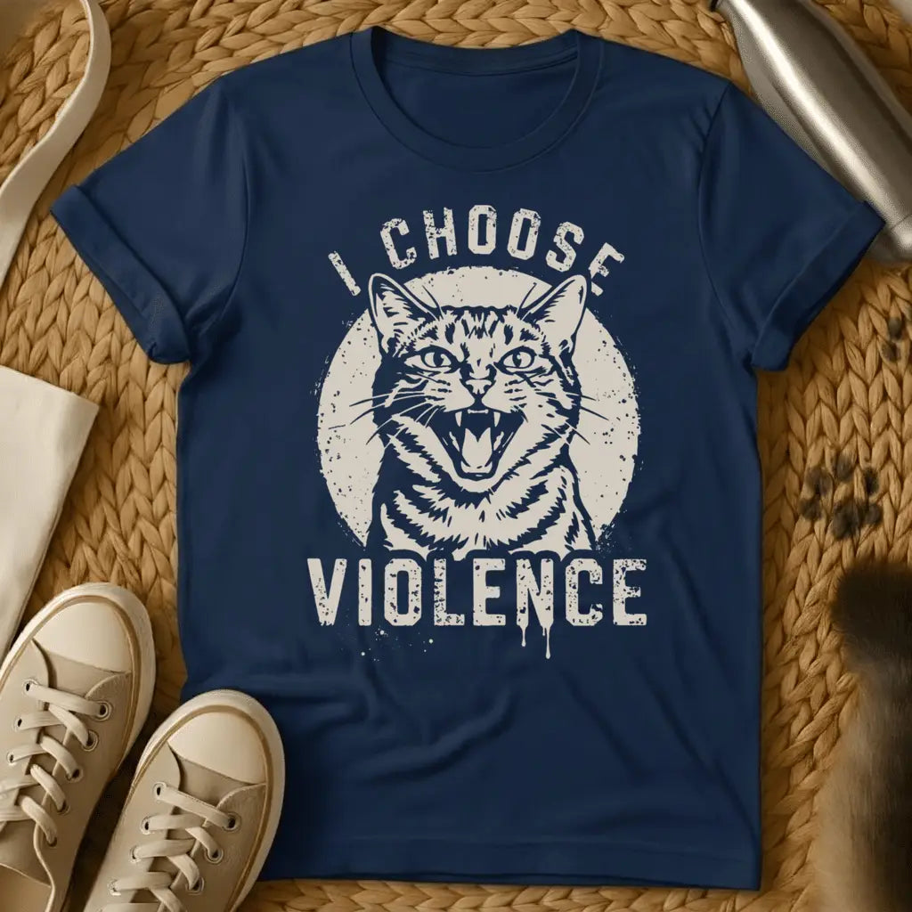 Navy - Maroon unisex t-shirt with a hissing angry cat face and bold text reading I Choose Violence in vintage cream print