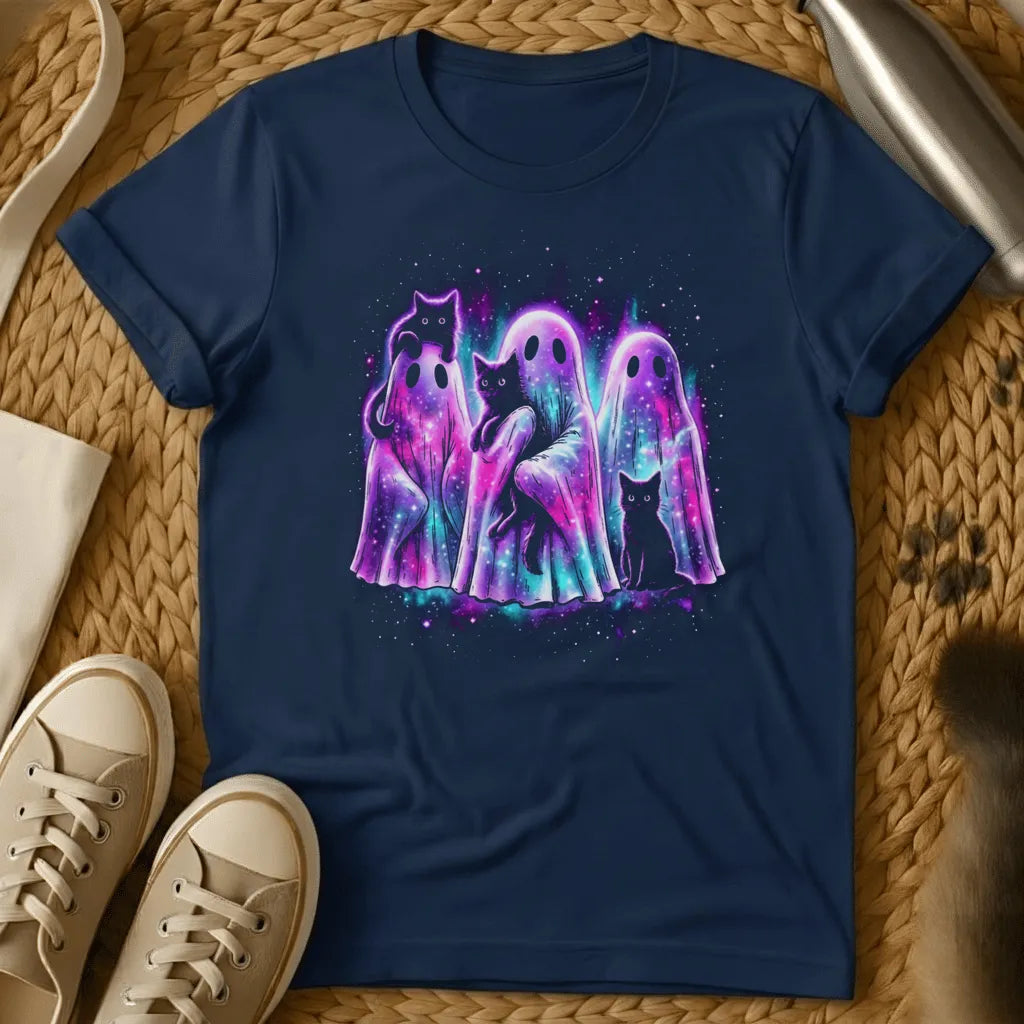 Navy - Black t-shirt with neon glowing ghosts and black cats in purple and cyan galaxy colors on a dark starry background