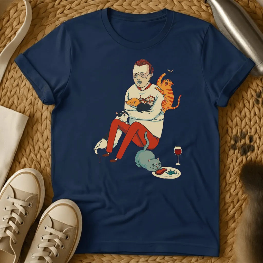 Navy - Man surrounded by multiple cats in humorous illustration style on olive green t-shirt