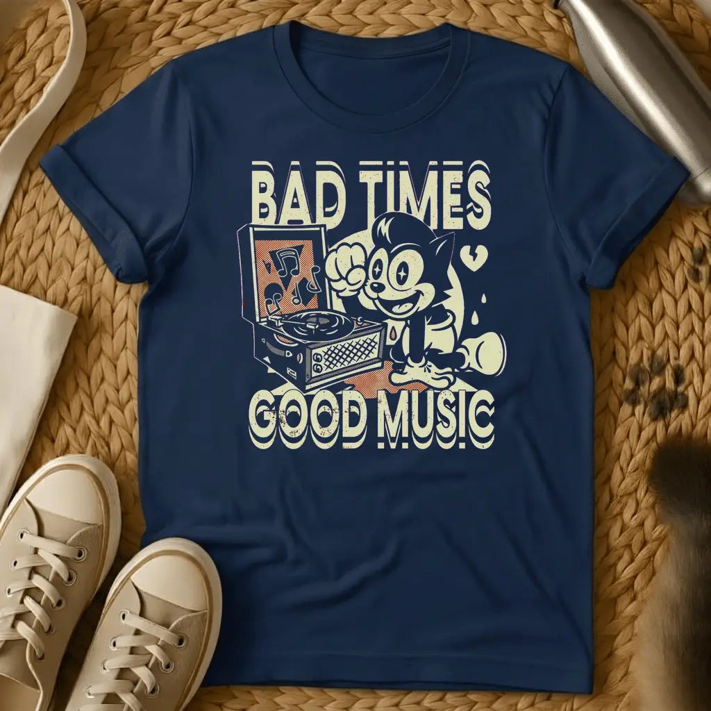 Navy - Dark gray t-shirt with vintage cartoon character DJ design, text reads "BAD TIMES GOOD MUSIC" with turntable graphic.