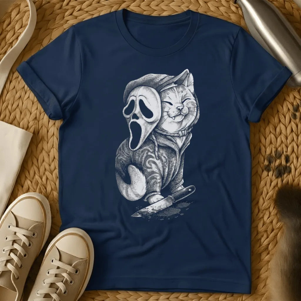 Navy - Dark heather t-shirt with a pencil-style illustration of a smiling cat in a hoodie holding a bloody knife with a ghost scream mask pushed up on its he