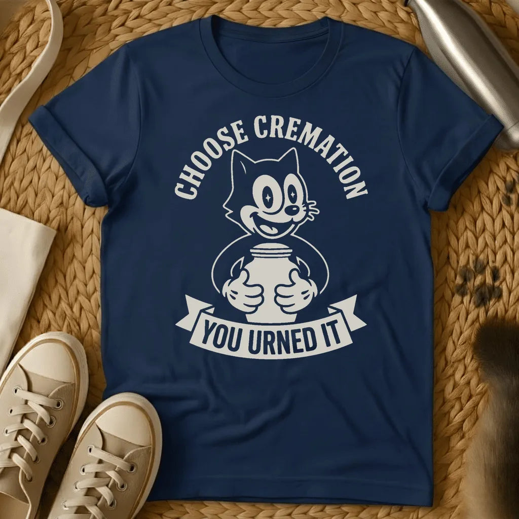 Navy - Military green t-shirt with retro cartoon cat holding a cremation urn, arched text reading Choose Cremation and banner reading You Urned It