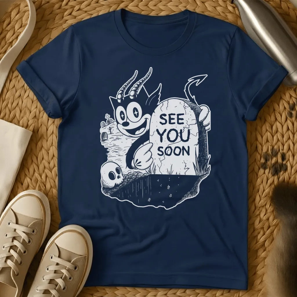 Navy - Gray t-shirt with black cartoon demon character and "See You Soon" text in vintage horror illustration style