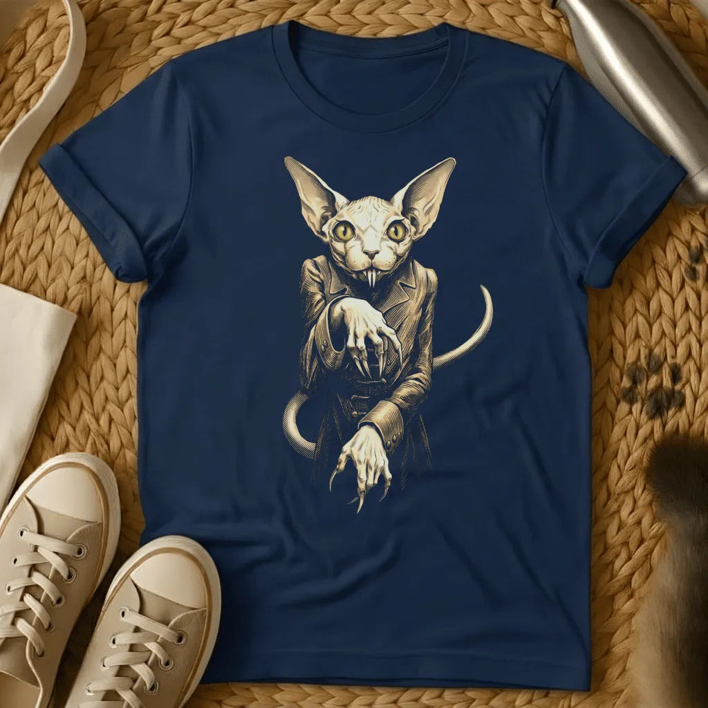 Navy - Dark gray t-shirt with tan and cream illustration of a hairless Sphynx cat wearing clothes, displayed flat on woven background with sneakers