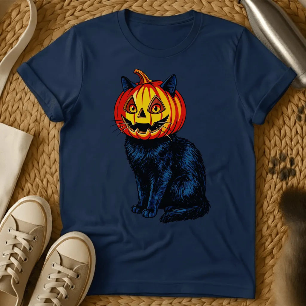 Navy - Black cat wearing a carved jack-o'-lantern pumpkin head with yellow face and blue ears on sage green t-shirt