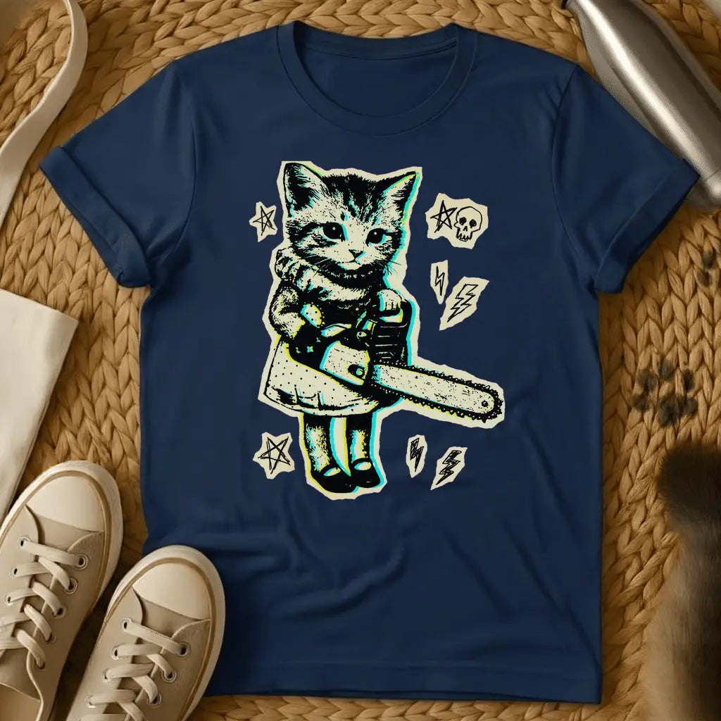 Navy - Military green t-shirt with a neon retro print of a kitten in boots holding a chainsaw surrounded by skulls pentagrams and lightning bolts