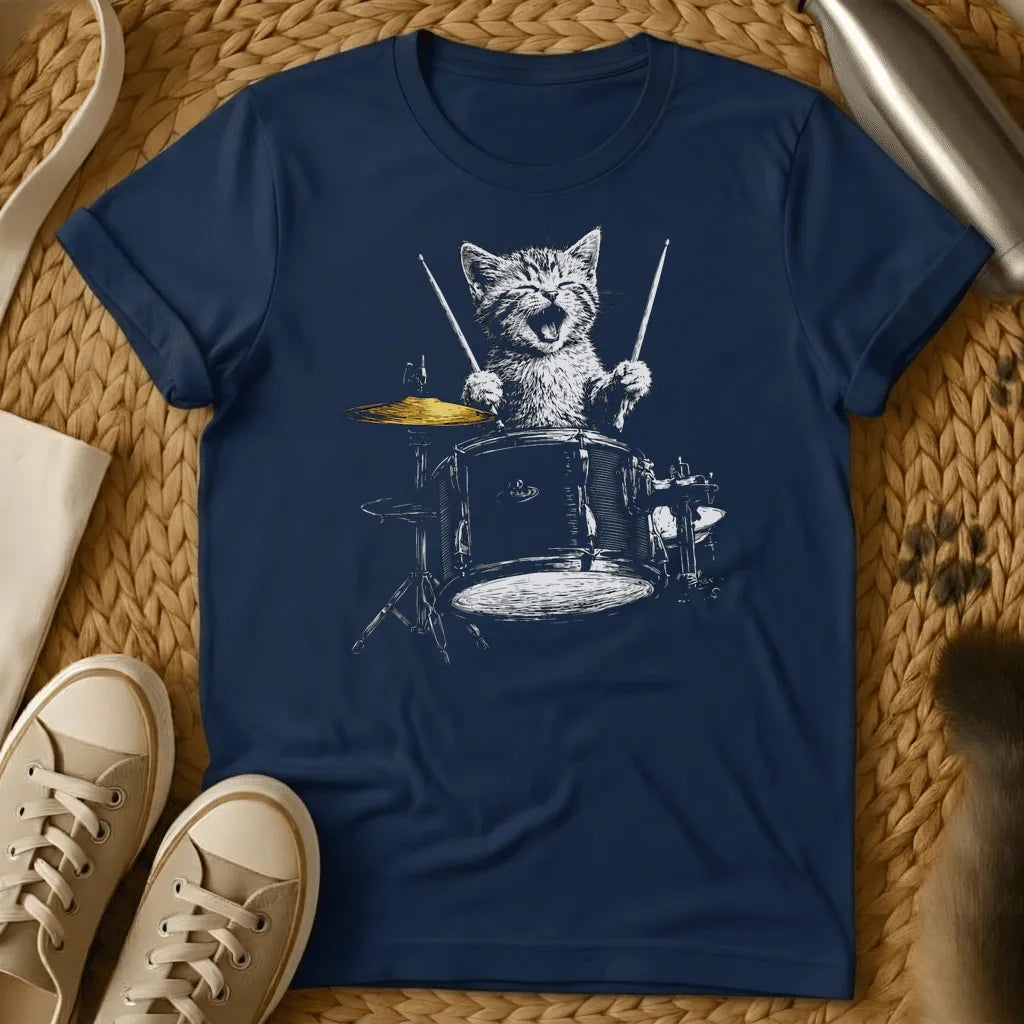 Navy - Forest green t-shirt with a sketch of a happy kitten playing a full drum kit with drumsticks, mouth open, cymbal mid-crash