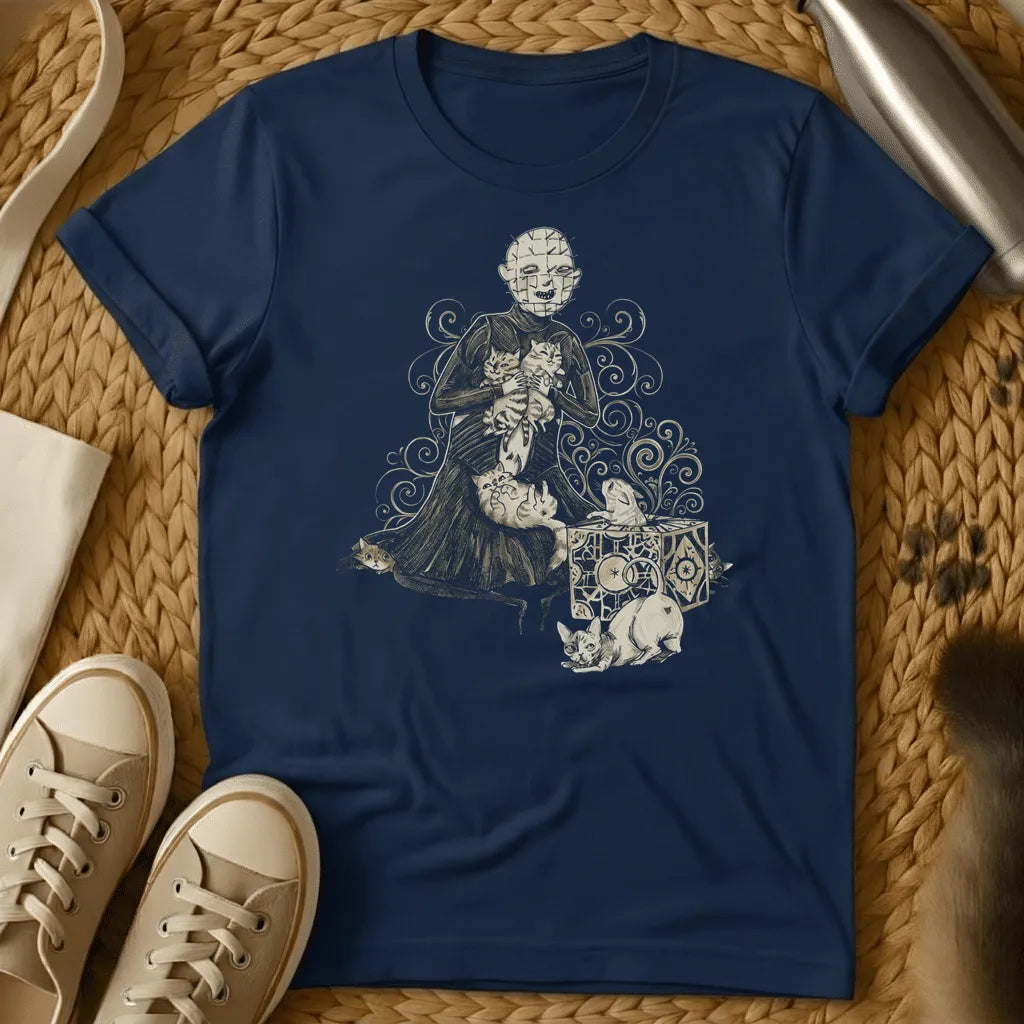 Navy - Dark brown t-shirt with white line art illustration of a skeletal figure in robes holding cats, surrounded by ornate decorative swirls and mystical sy