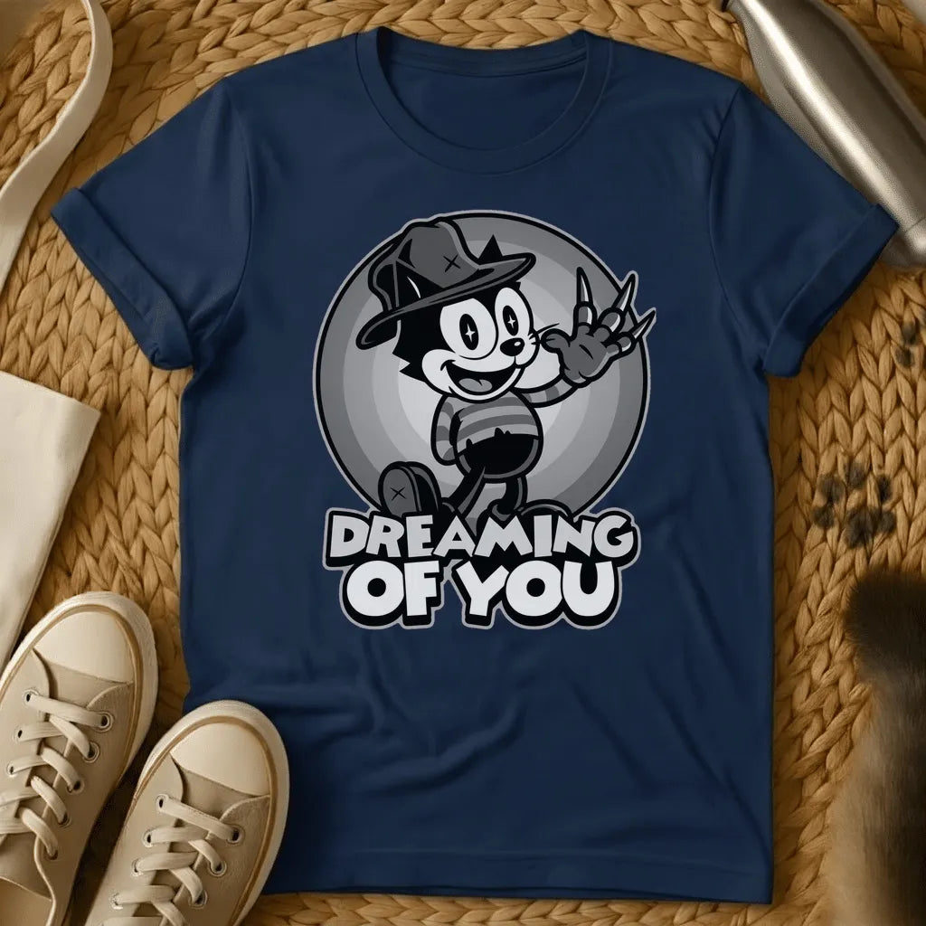 Navy - Vintage cartoon cat in cowboy hat waving in front of moon with "Dreaming of You" text on sage green t-shirt