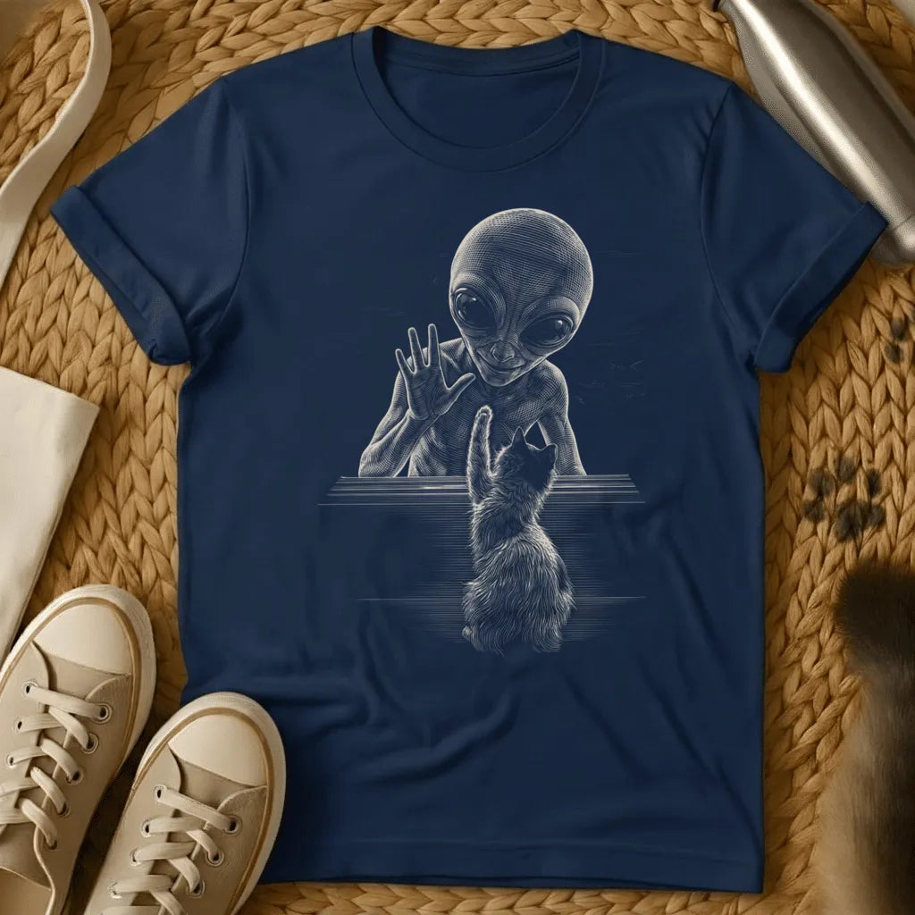 Navy - Dark grey t-shirt with monochrome engraving of a grey alien and fluffy cat reaching toward each other across a flat surface