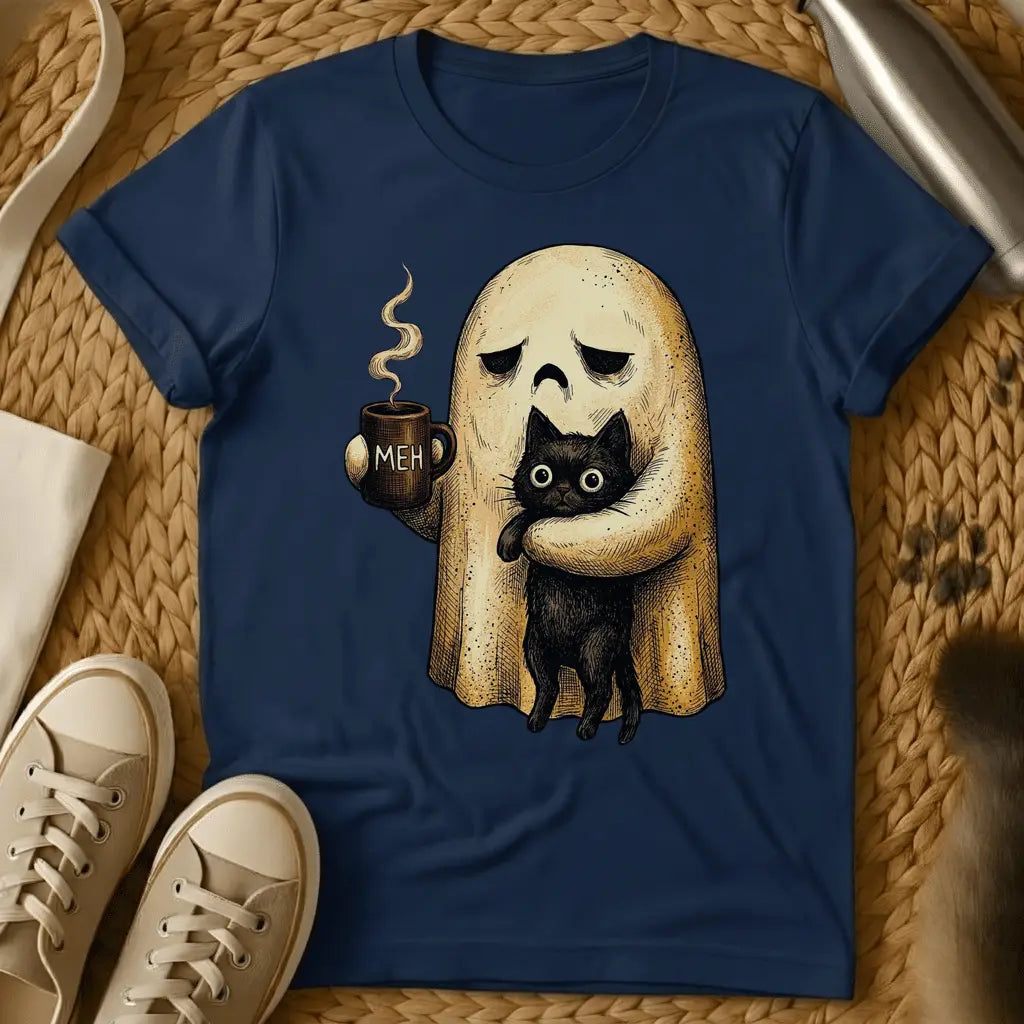Navy - Ghost holding coffee mug with black cat, saying "MEH" on sage green t-shirt, illustrated style