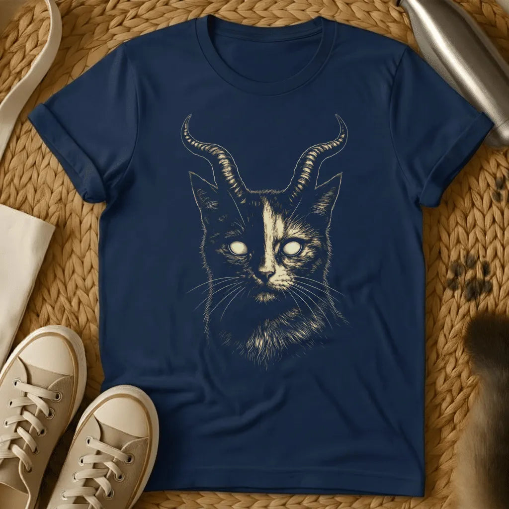 Navy - Dark brown t-shirt featuring a mystical cat head with curved horns and glowing eyes in cream-colored ink illustration style