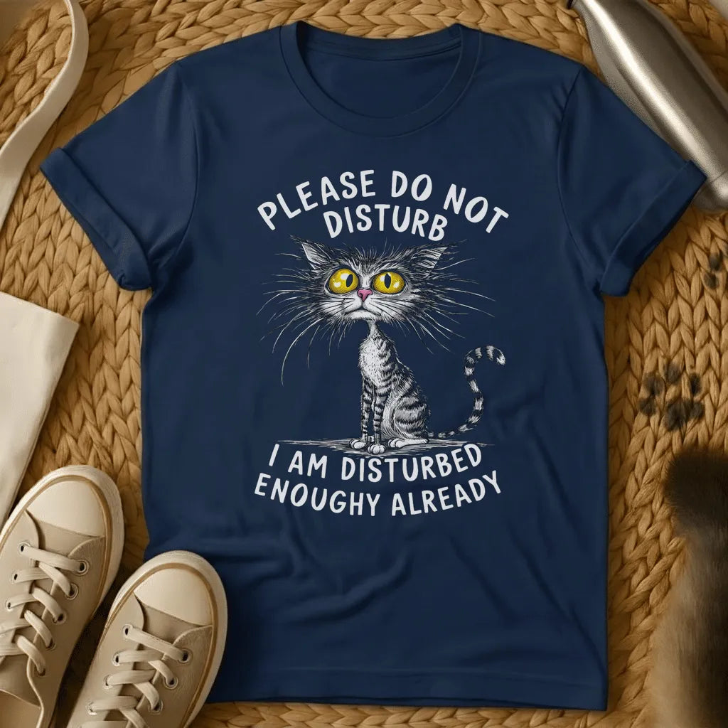 Navy - Dark heather grey t-shirt with a sketchy wild-eyed tabby cat and humorous do not disturb slogan text