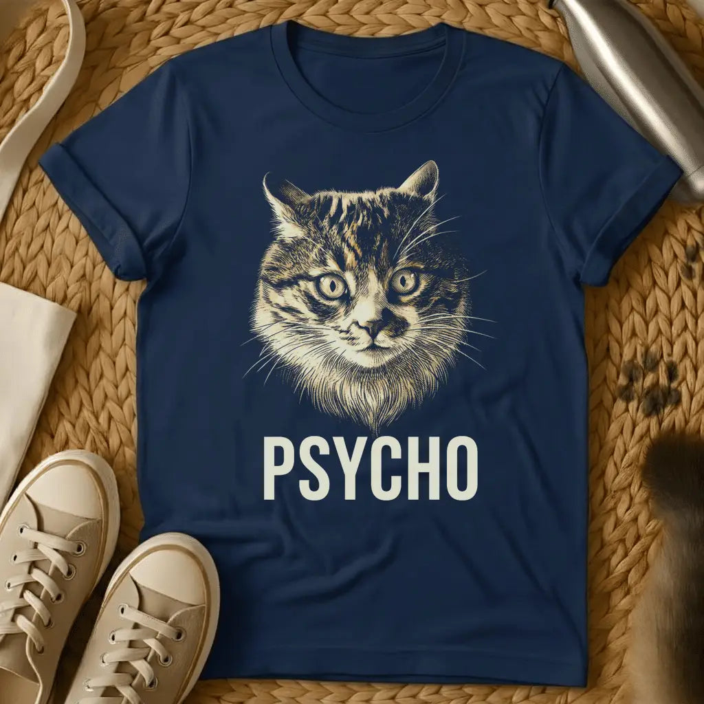Navy - Dark heather grey t-shirt with vintage engraving-style intense tabby cat face and bold PSYCHO text beneath