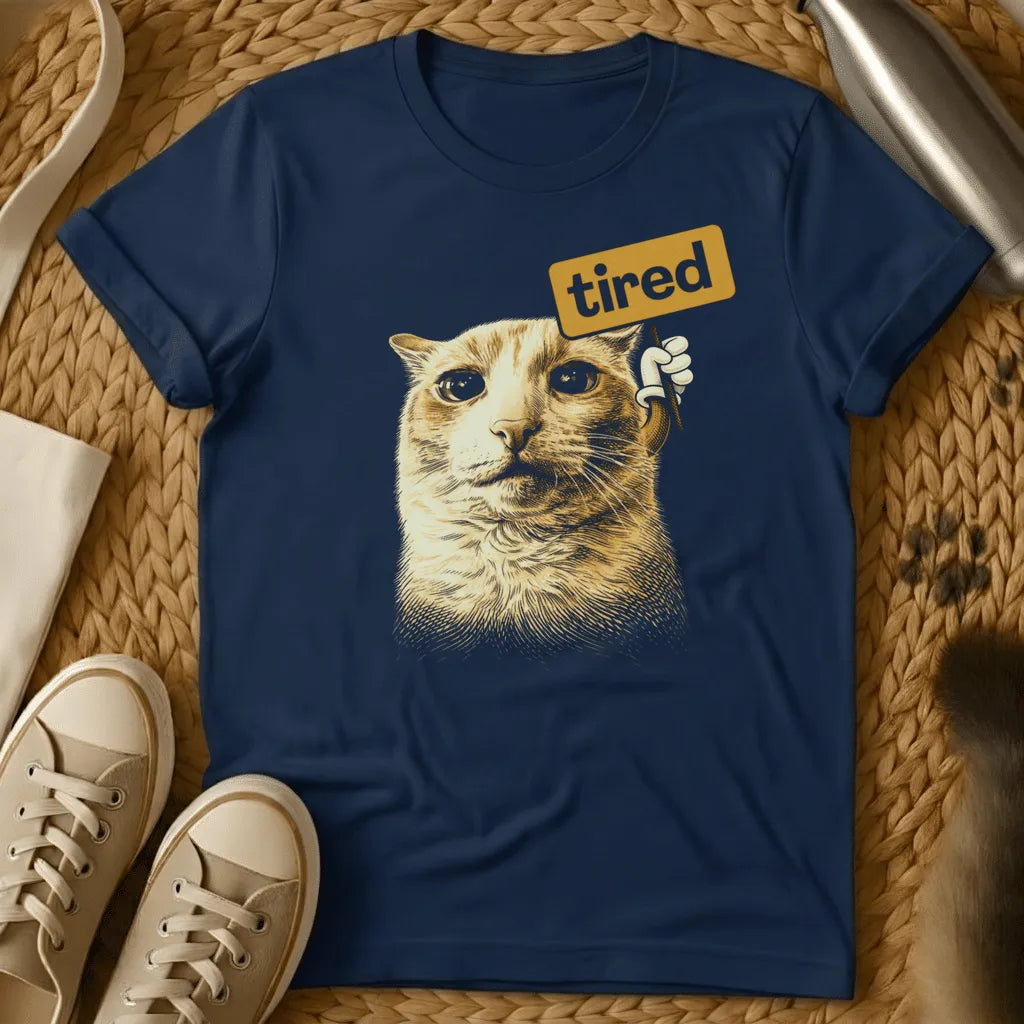 Navy - Dark grey t-shirt with sepia engraving-style cat holding a golden sign reading tired in a cartoon hand