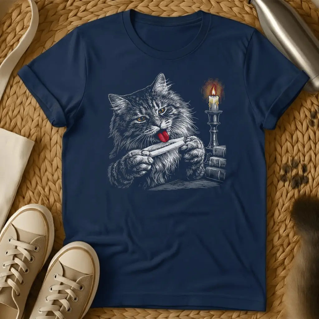 Navy - Dark heather t-shirt with engraved fluffy cat licking a rolled joint held in both paws beside a lit candlestick and stack of books