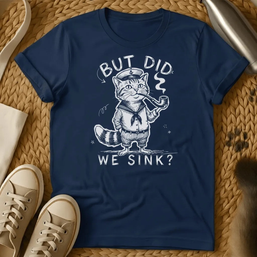 Navy - Dark grey t-shirt with a vintage engraving of a pipe-smoking tabby cat in sailor uniform and anchor captain hat, text reads But Did We Sink