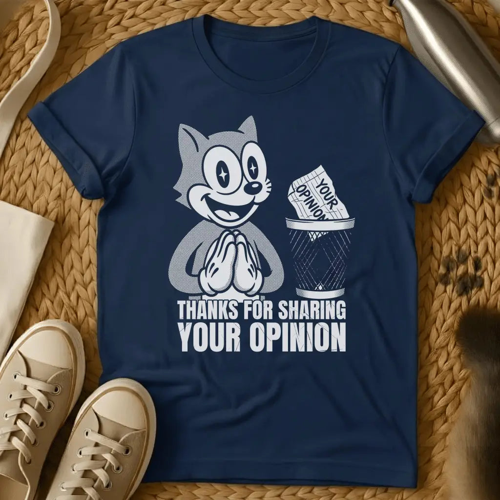 Navy - Military green t-shirt with retro cartoon cat grinning as a paper labeled Your Opinion lands in a wire trash can