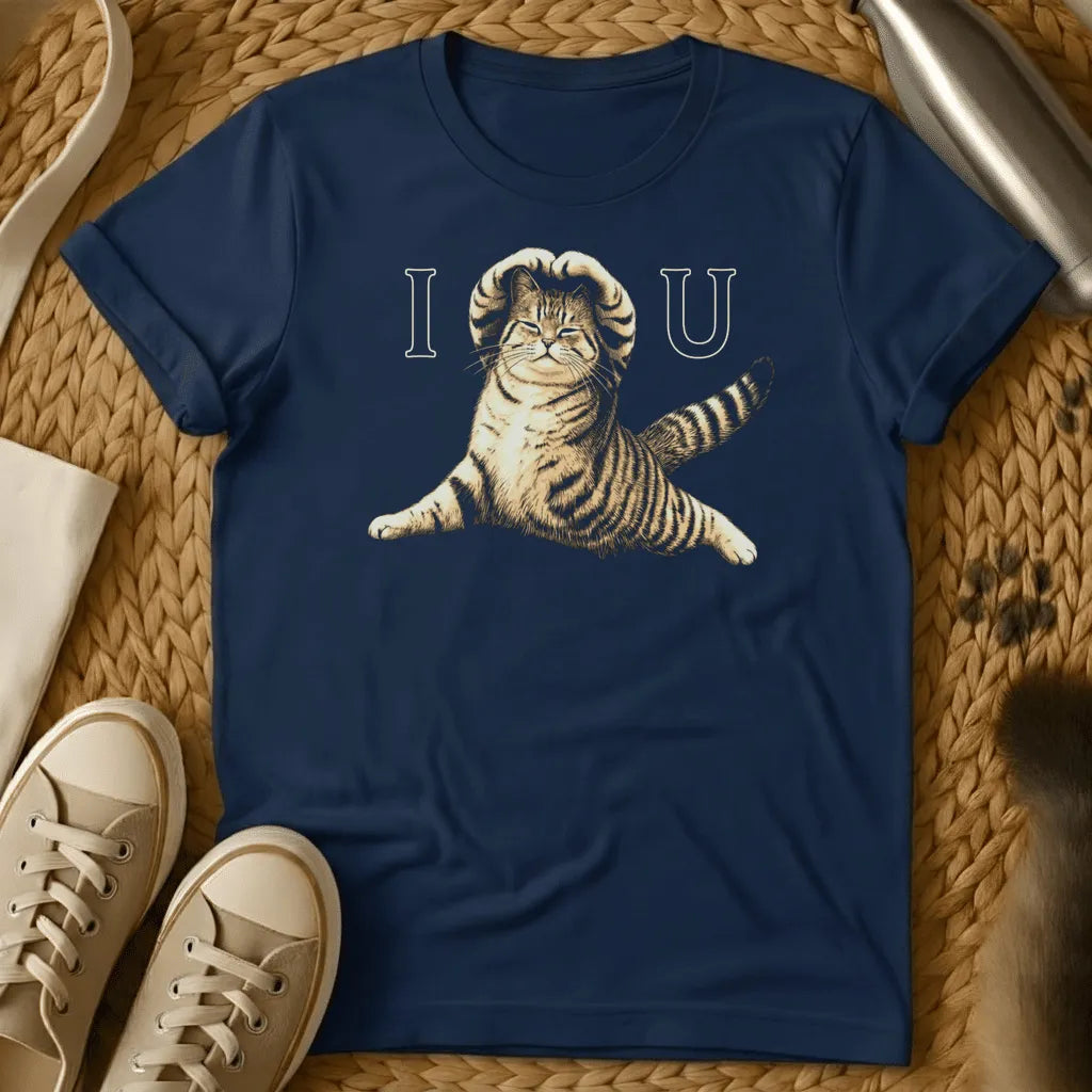 Navy - Dark gray t-shirt with "I [cat] U" design featuring a playful tabby cat illustration in the center, styled as a love message.