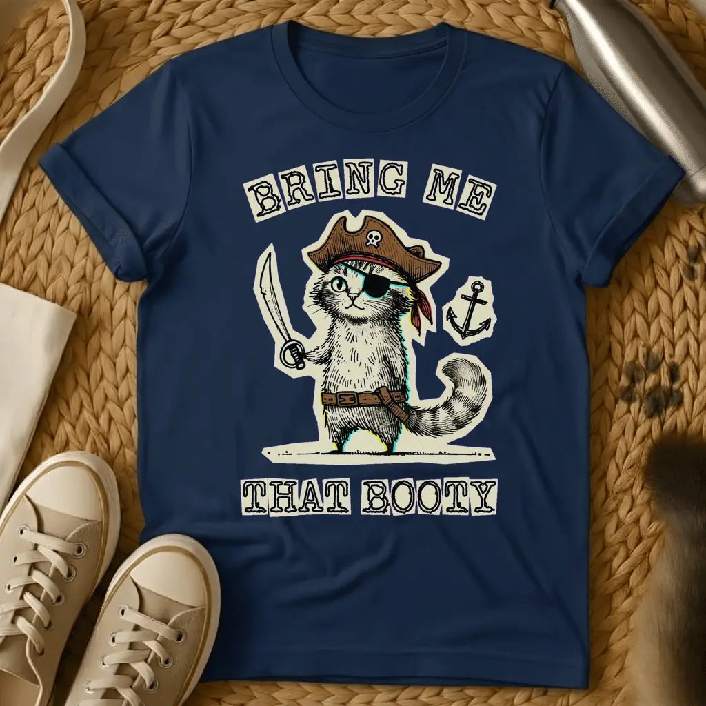 Navy - Green t-shirt with a pirate cat in tricorn hat and eye patch holding a cutlass, text reads Bring Me That Booty