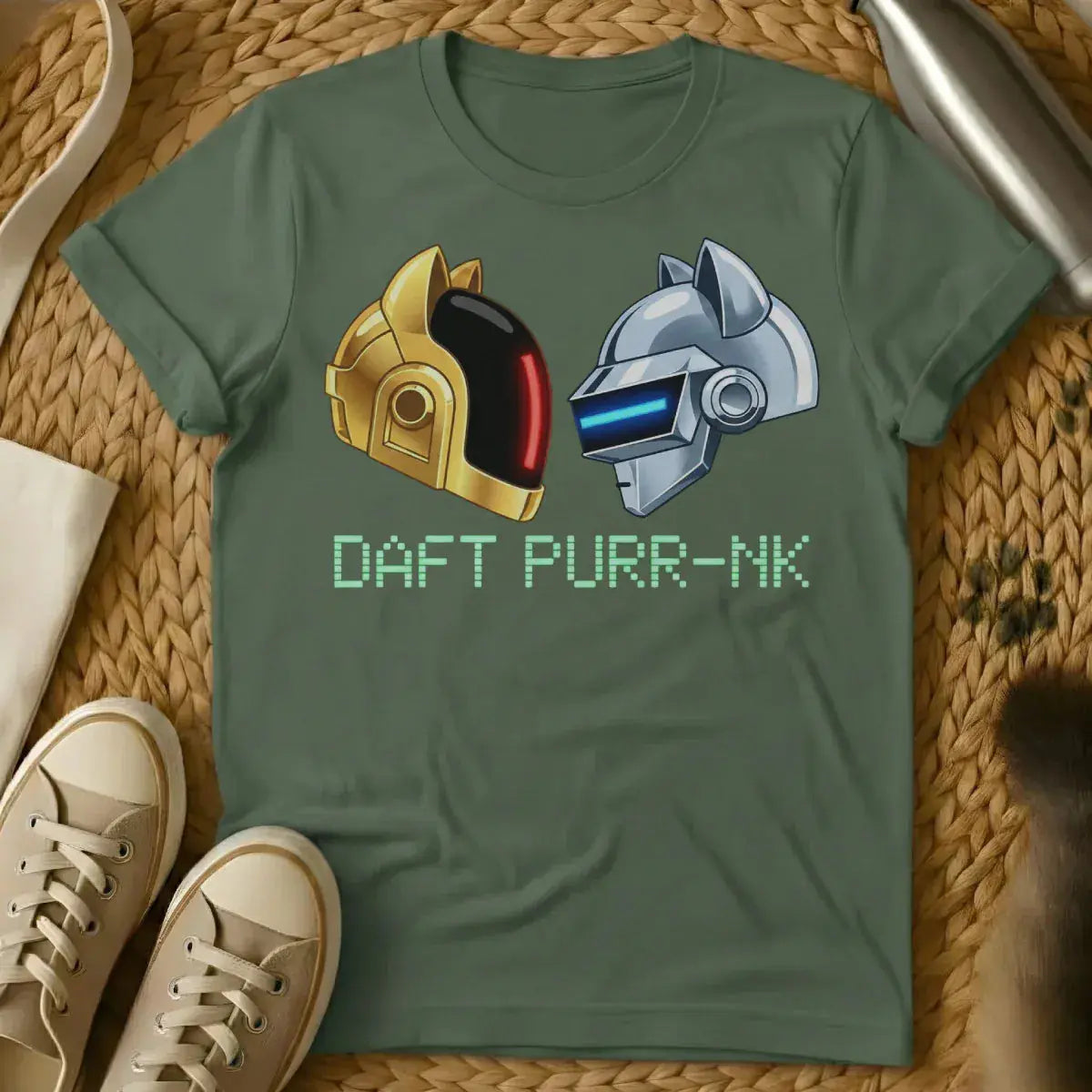 Daft Purr-nk Cat Shirt - Military Green T-Shirt - daft punk parody, dj cat art, edm festival wear