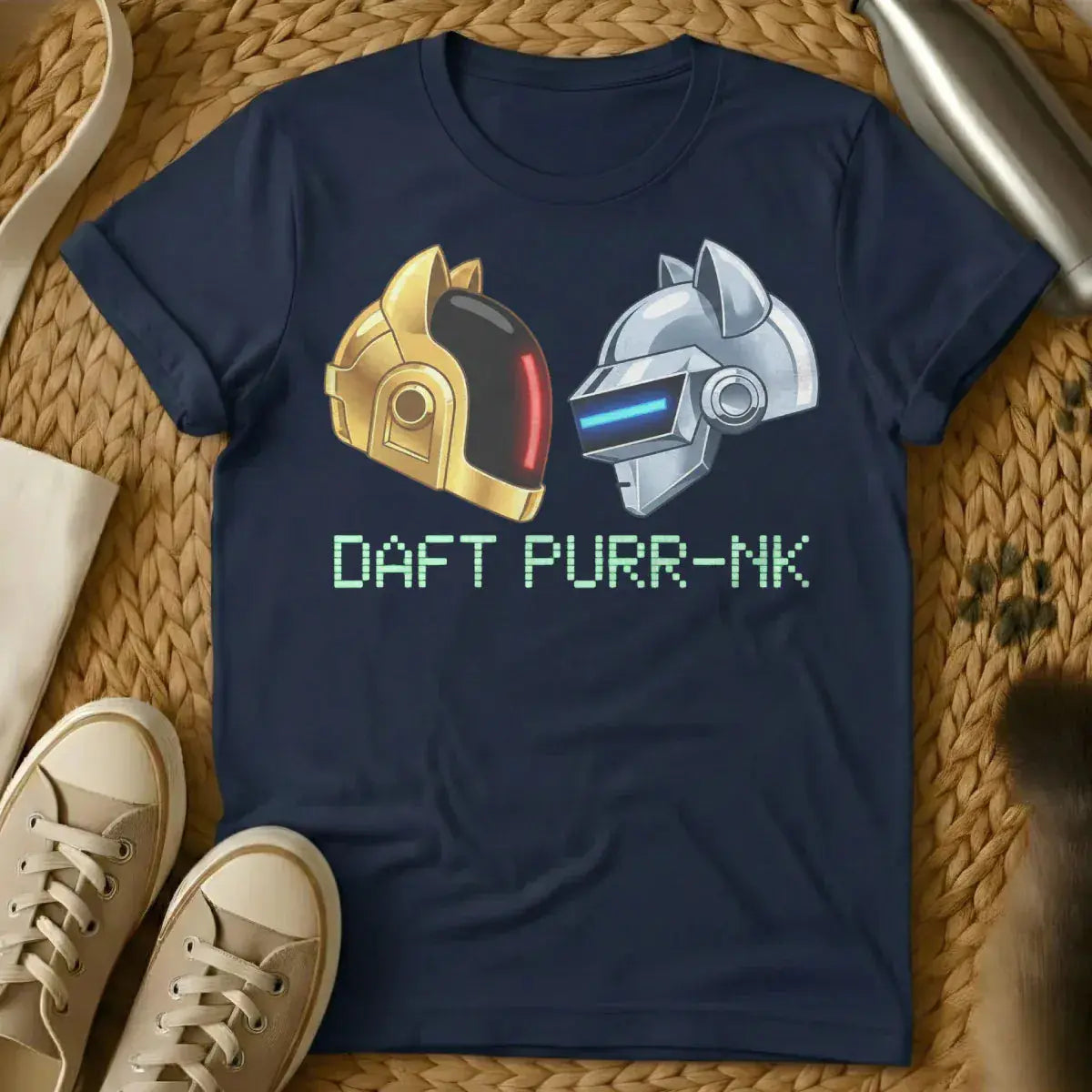Daft Purr-nk Cat Shirt - Navy T-Shirt - daft punk parody, dj cat art, edm festival wear