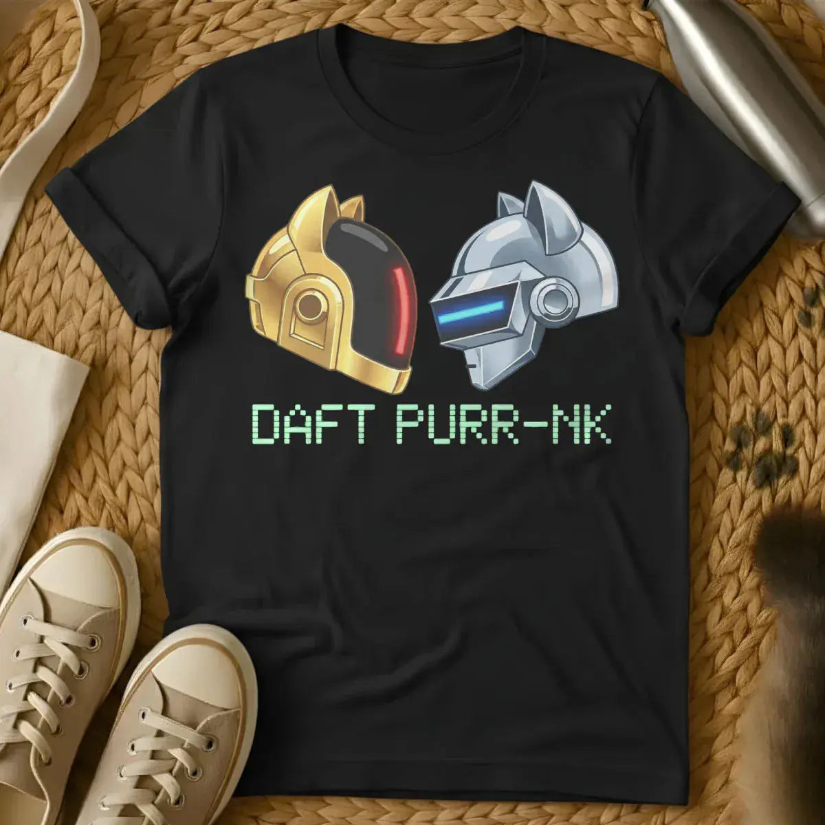 Daft Purr-nk Cat Shirt - Black T-Shirt - daft punk parody, dj cat art, edm festival wear
