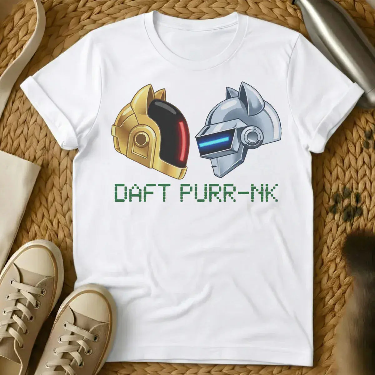 Daft Purr-nk Cat Shirt - White T-Shirt - daft punk parody, dj cat art, edm festival wear