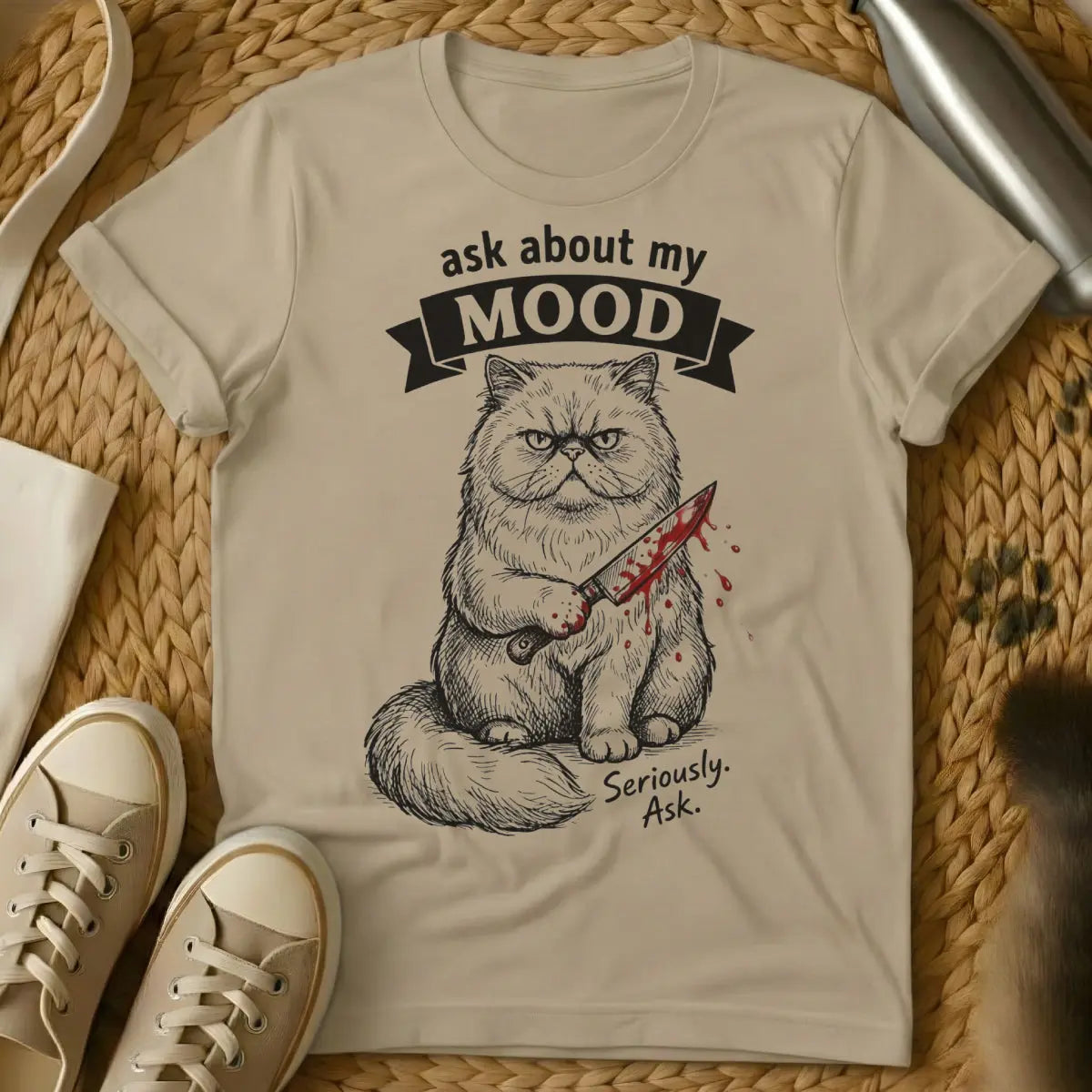 Ask About My Mood Cat Shirt - Sand T-Shirt - deadpan humor tee, grumpy aesthetic cat, introvert cat merch