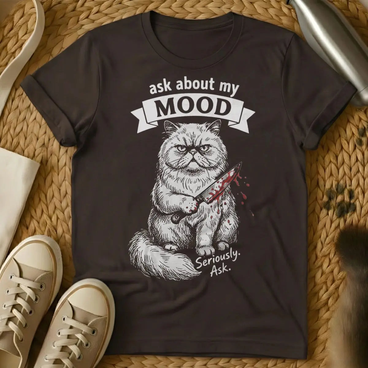 Ask About My Mood Cat Shirt - Dark Chocolate T-Shirt - deadpan humor tee, grumpy aesthetic cat, introvert cat merch