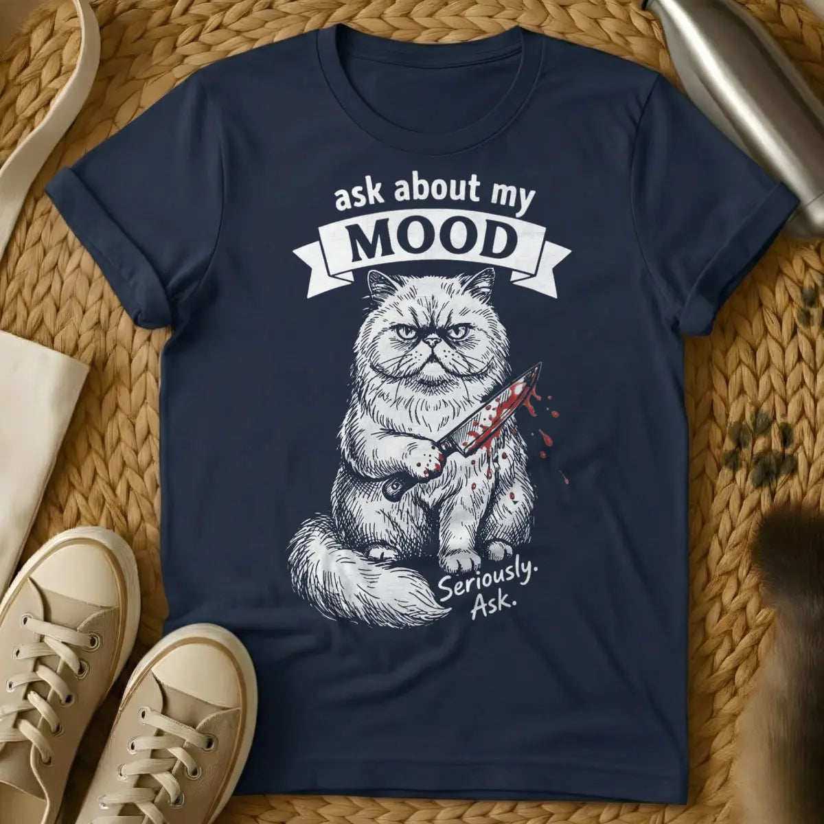 Ask About My Mood Cat Shirt - Navy T-Shirt - deadpan humor tee, grumpy aesthetic cat, introvert cat merch