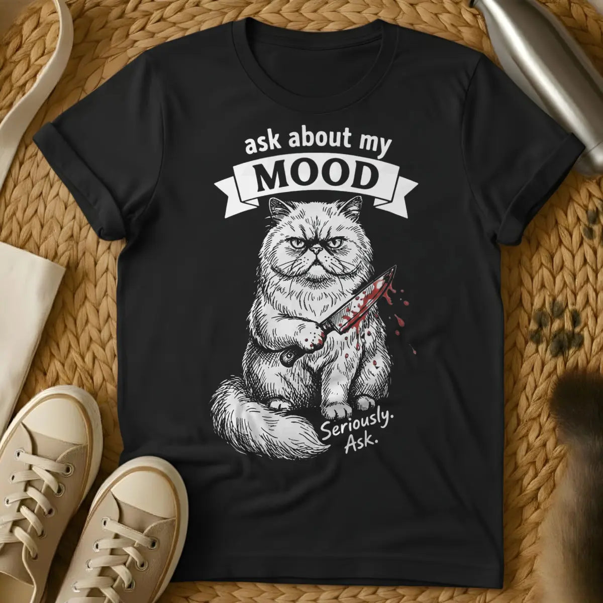 Ask About My Mood Cat Shirt - Black T-Shirt - deadpan humor tee, grumpy aesthetic cat, introvert cat merch