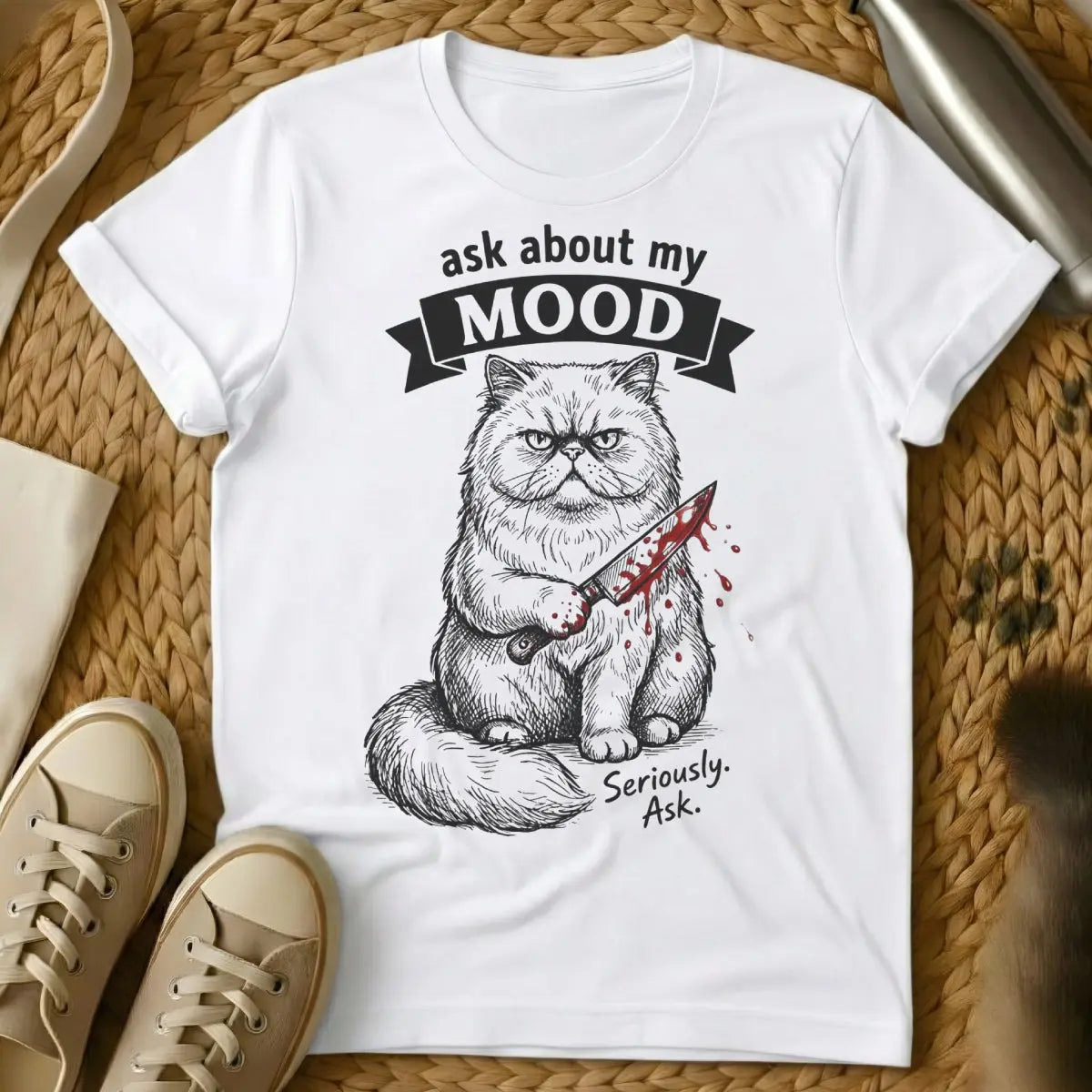 Ask About My Mood Cat Shirt - White T-Shirt - deadpan humor tee, grumpy aesthetic cat, introvert cat merch