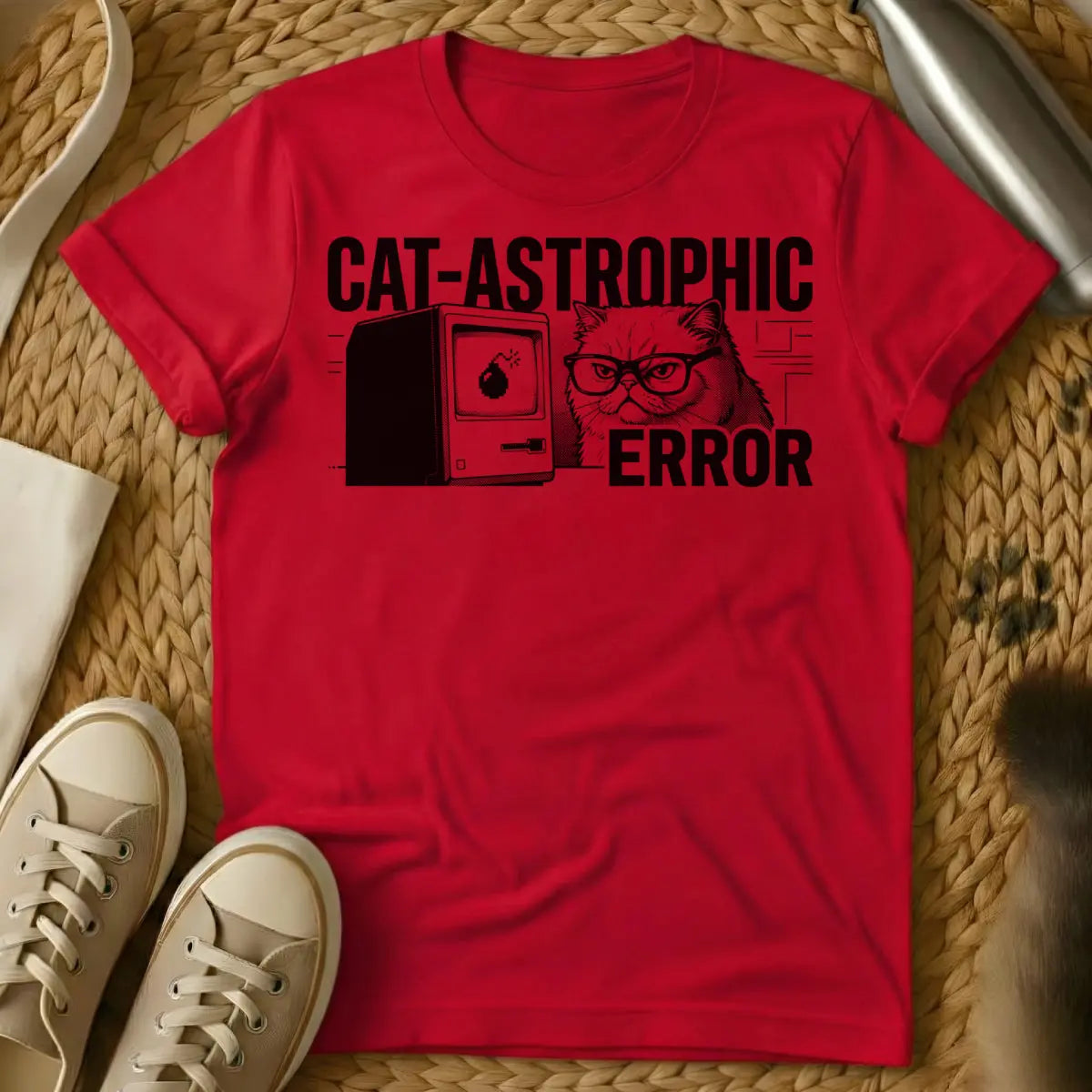 Cat-astrophic Error Shirt - Red T-Shirt - 404 error apparel, glitchcore aesthetic, internet meme cat