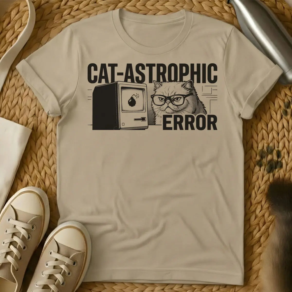Cat-astrophic Error Shirt - Sand T-Shirt - 404 error apparel, glitchcore aesthetic, internet meme cat