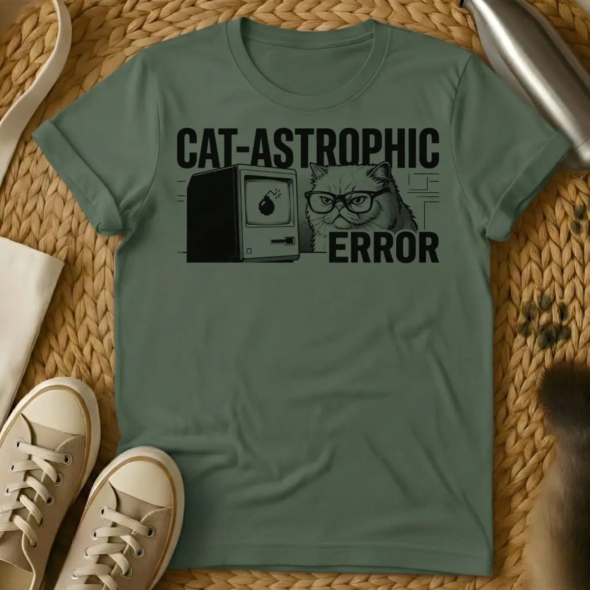 Cat-astrophic Error Shirt - Military Green T-Shirt - 404 error apparel, glitchcore aesthetic, internet meme cat