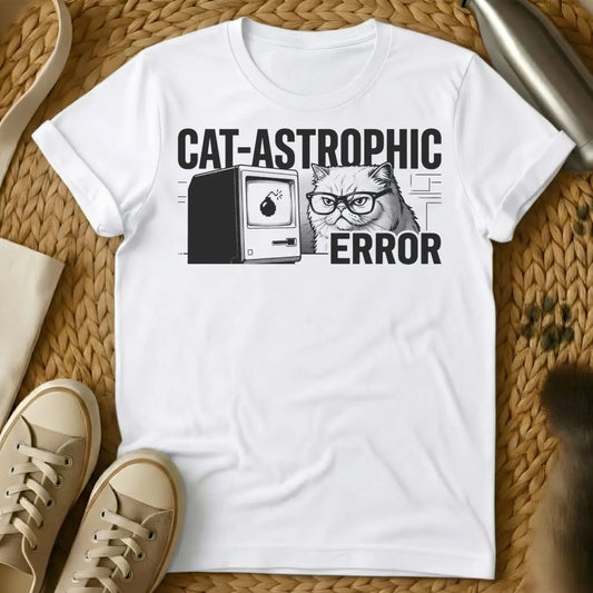 Cat-astrophic Error Shirt - White T-Shirt - 404 error apparel, glitchcore aesthetic, internet meme cat