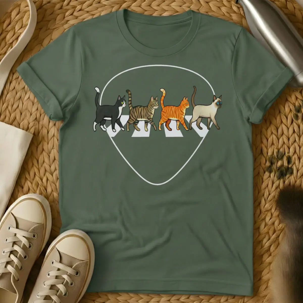 Abbey Road Cat Shirt - Military Green T-Shirt - abbey road parody, album cover redraw, beatles tribute art