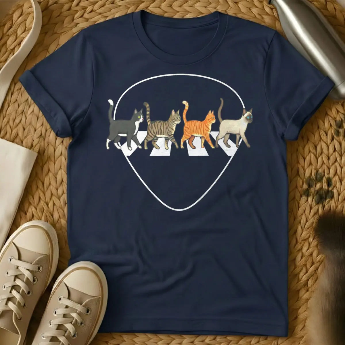 Abbey Road Cat Shirt - Navy T-Shirt - abbey road parody, album cover redraw, beatles tribute art