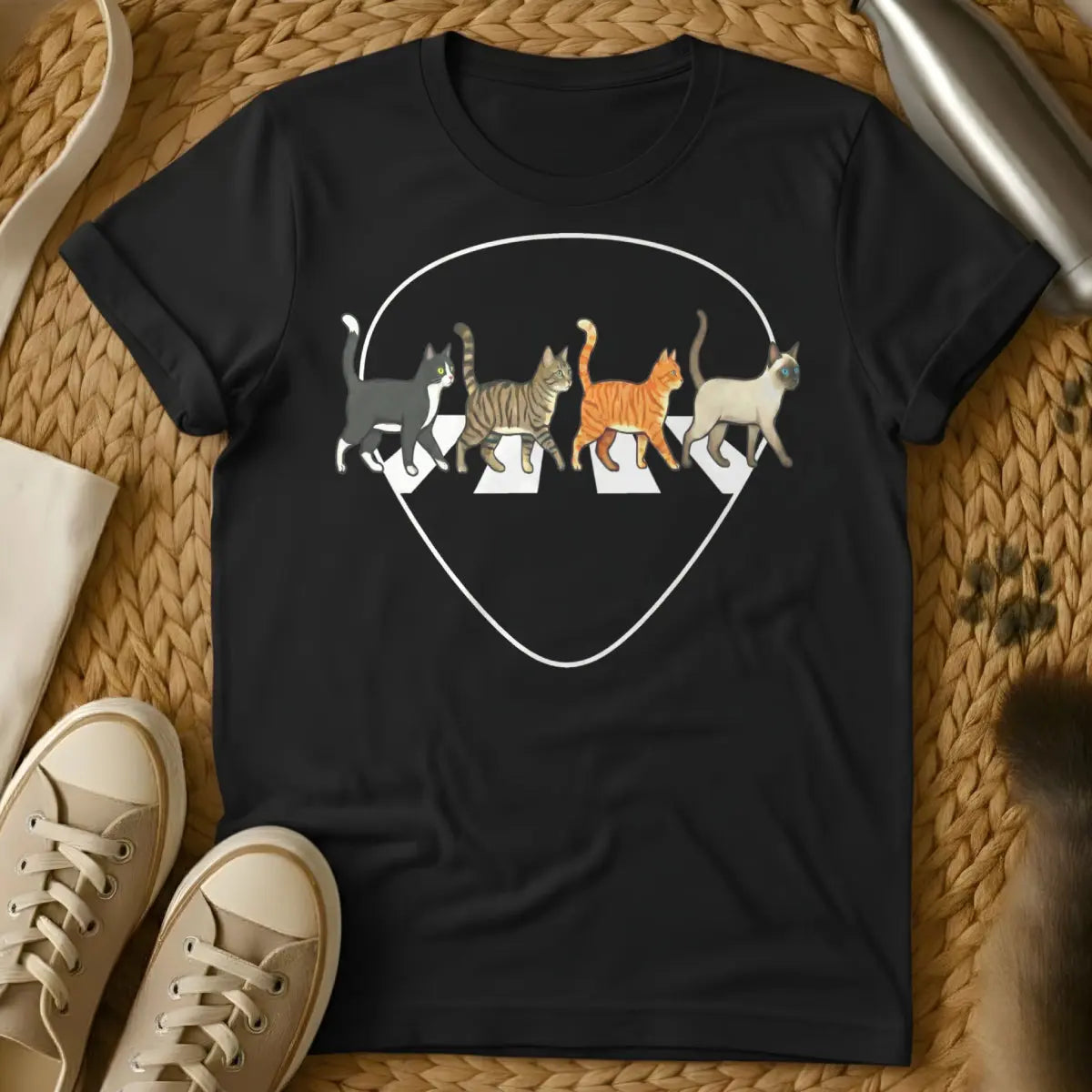 Abbey Road Cat Shirt - Black T-Shirt - abbey road parody, album cover redraw, beatles tribute art
