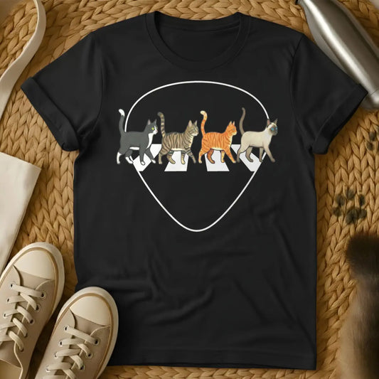 Abbey Road Cat Shirt - Black T-Shirt - abbey road parody, album cover redraw, beatles tribute art