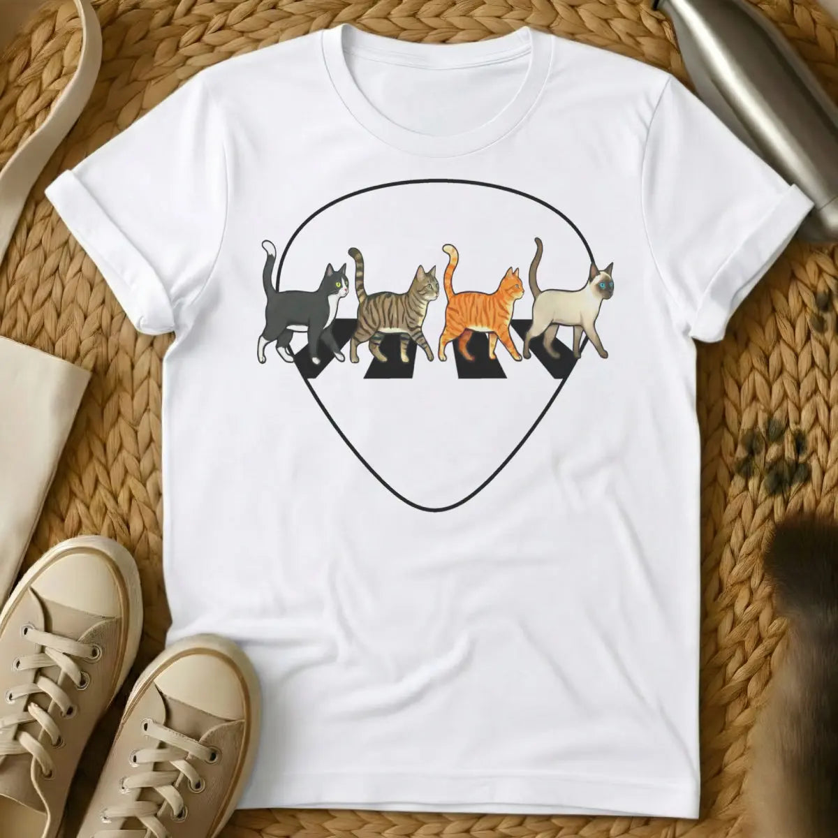 Abbey Road Cat Shirt - White T-Shirt - abbey road parody, album cover redraw, beatles tribute art