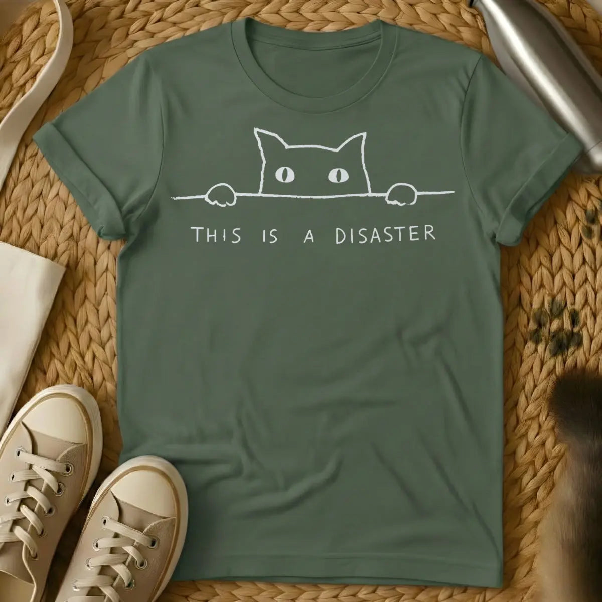 This Is A Disaster Cat Shirt - Military Green Cat T-Shirt