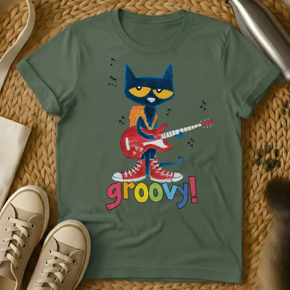 Groovy Cat Guitar Shirt - Military Green Cat T-Shirt