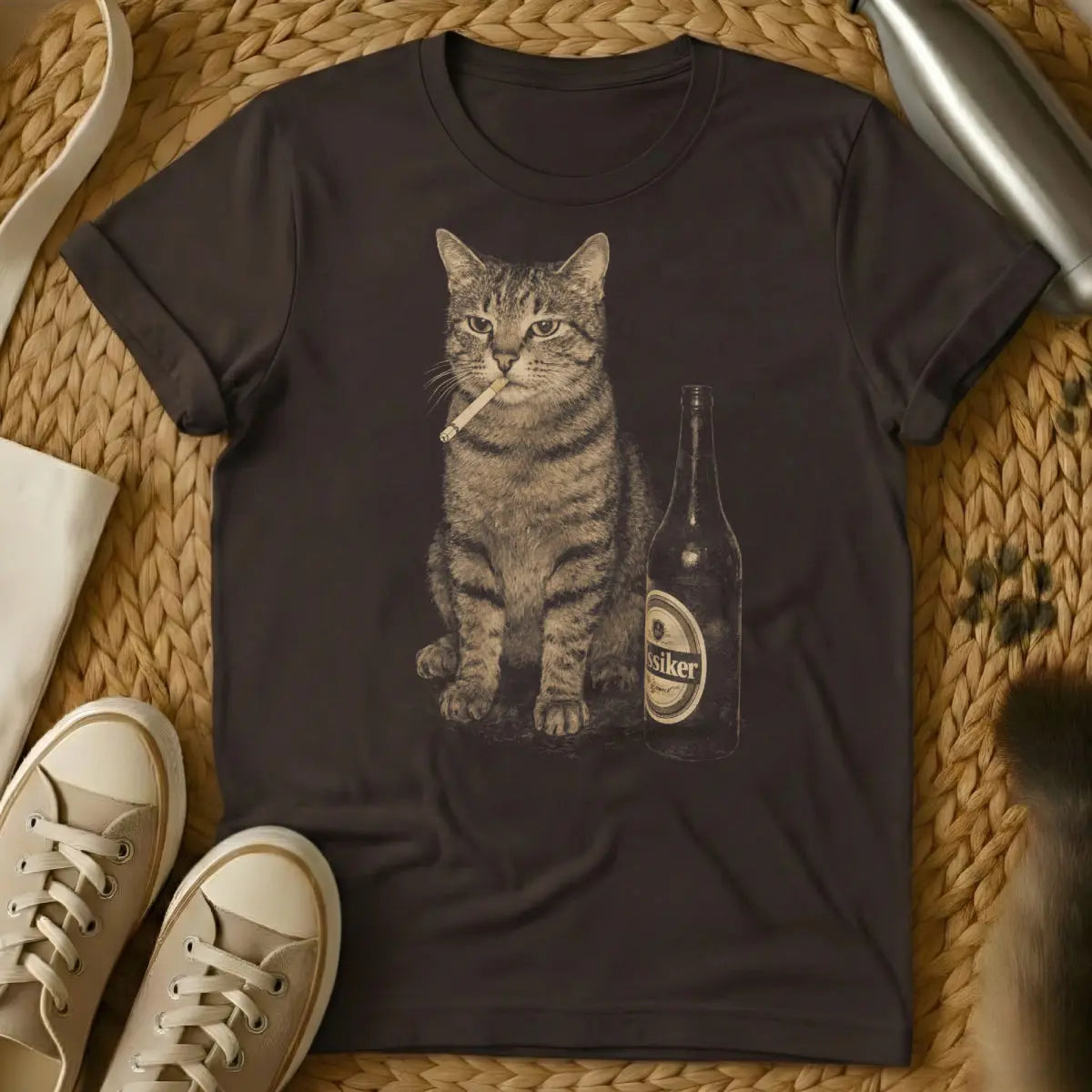 Funny Bad Influence Cat Tee - Dark Chocolate T-Shirt - anti-establishment pet, devil cat aesthetic, meme culture cat