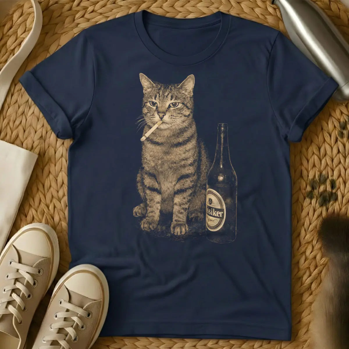 Funny Bad Influence Cat Tee - Navy T-Shirt - anti-establishment pet, devil cat aesthetic, meme culture cat