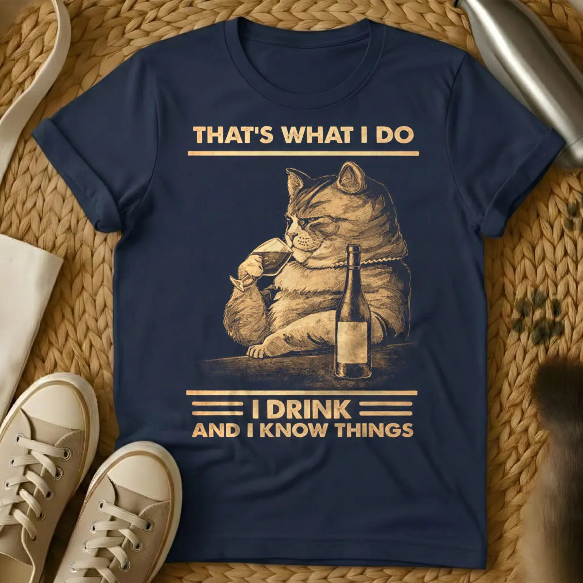 Funny Wine Lover Cat Tee - Navy Cat T-Shirt