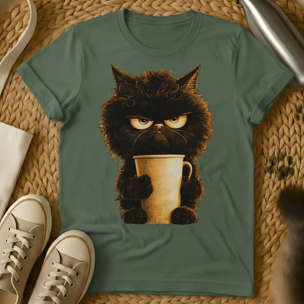 Grumpy Coffee Cat Shirt - Military Green Cat T-Shirt