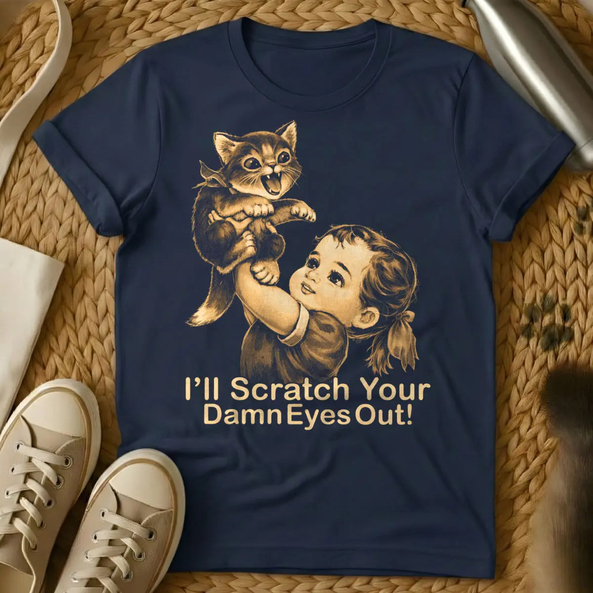 Retro Dark Humor Cat Shirt - Navy Cat T-Shirt